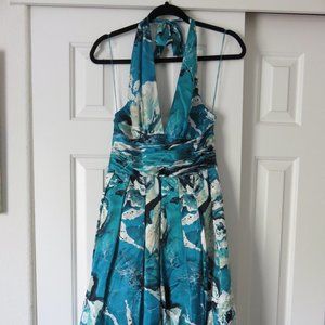 Adrianna Pappel Occasions Turquoise Blue Beaded Silk Halter Cocktail Dress Sz 6